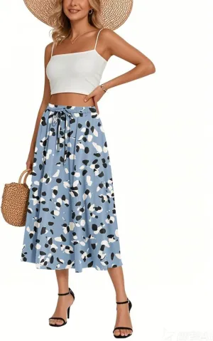 Women's Boho Beach Skirts 2025 Summer Ruffle High Waisted A Line Midi Skirt Flowy Beach Vacation Outfits with Pockets