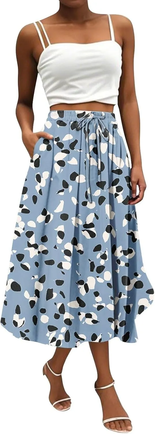 Women's Boho Beach Skirts 2025 Summer Ruffle High Waisted A Line Midi Skirt Flowy Beach Vacation Outfits with Pockets