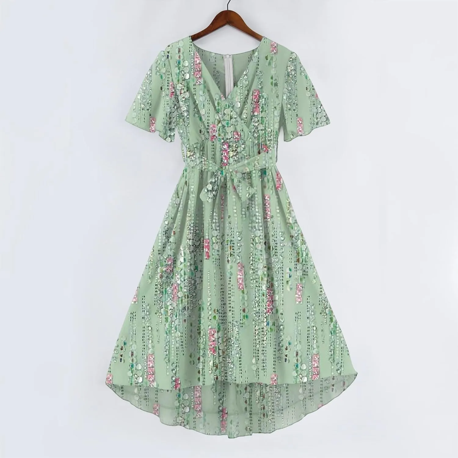 Womens Boho Floral Printed Chiffon Dresses 2025 Elegant V Neck Belted Summer A Line Sheath Drop Waist Midi Dress