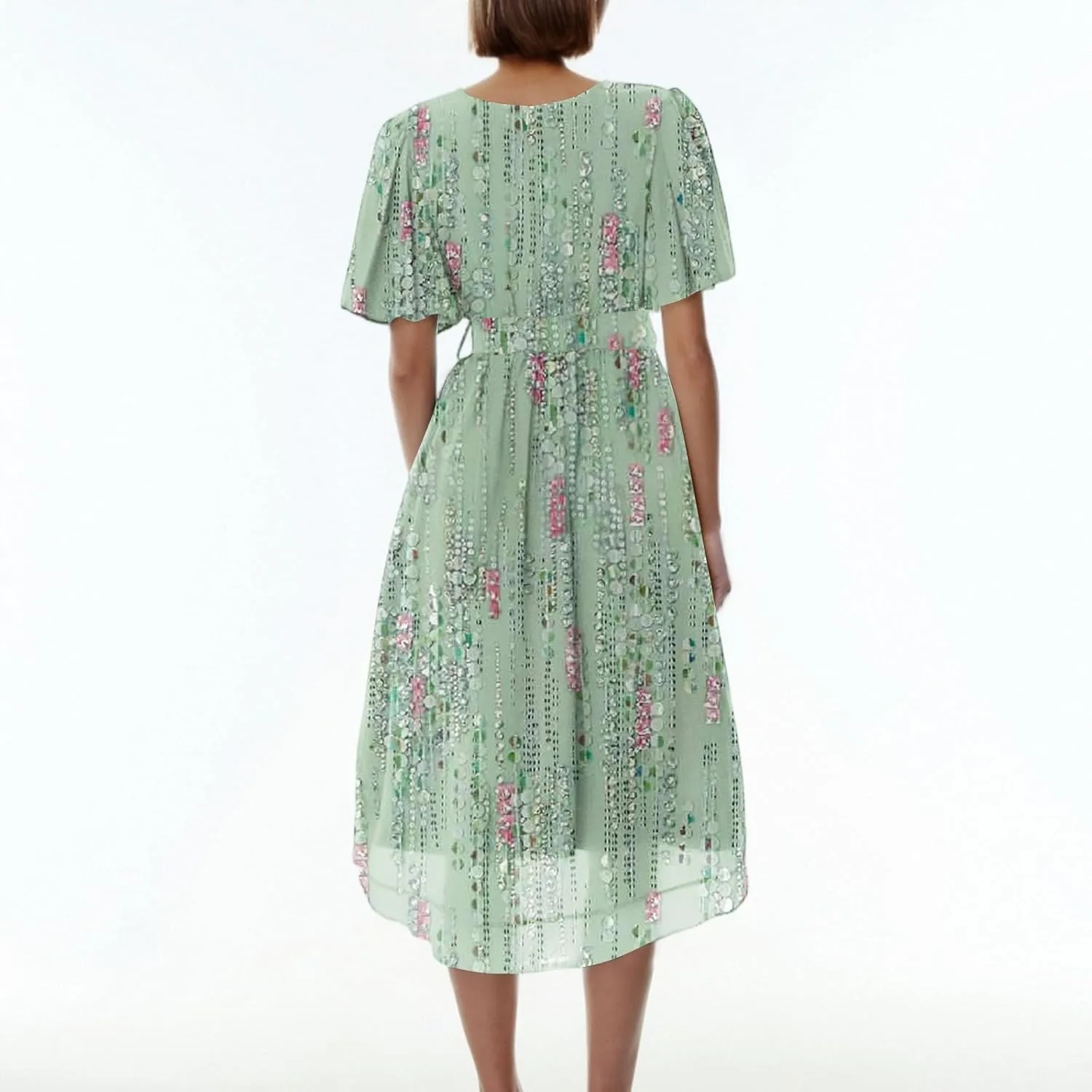 Womens Boho Floral Printed Chiffon Dresses 2025 Elegant V Neck Belted Summer A Line Sheath Drop Waist Midi Dress