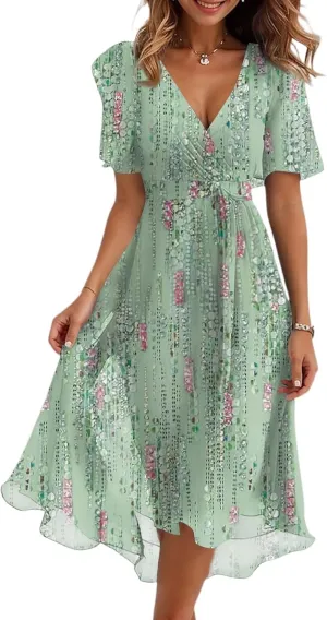 Womens Boho Floral Printed Chiffon Dresses 2025 Elegant V Neck Belted Summer A Line Sheath Drop Waist Midi Dress