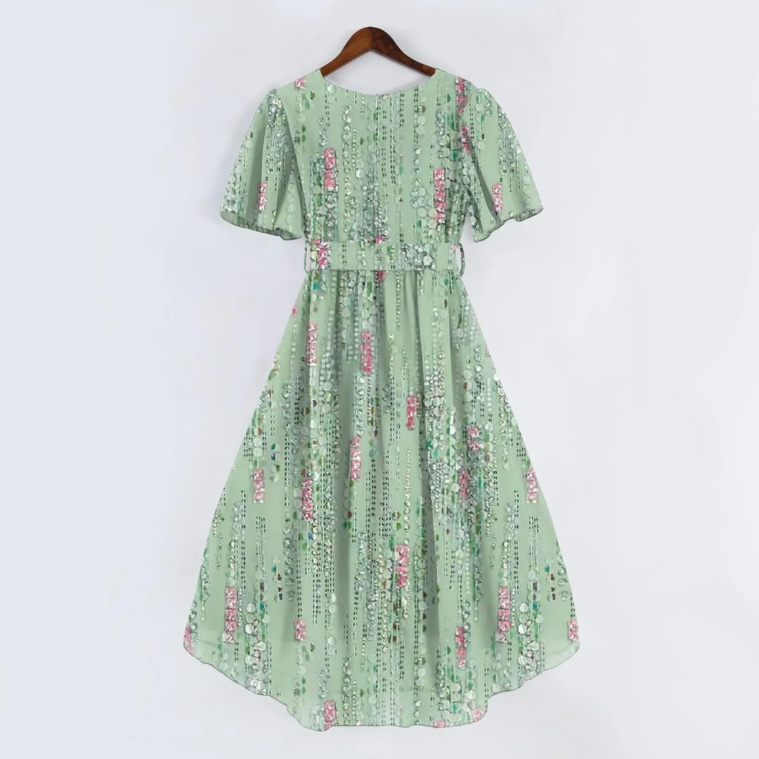 Womens Boho Floral Printed Chiffon Dresses 2025 Elegant V Neck Belted Summer A Line Sheath Drop Waist Midi Dress