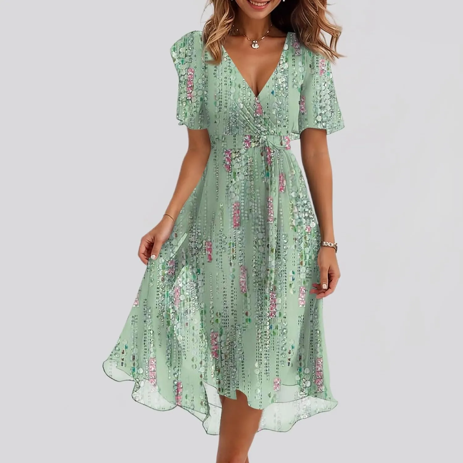 Womens Boho Floral Printed Chiffon Dresses 2025 Elegant V Neck Belted Summer A Line Sheath Drop Waist Midi Dress