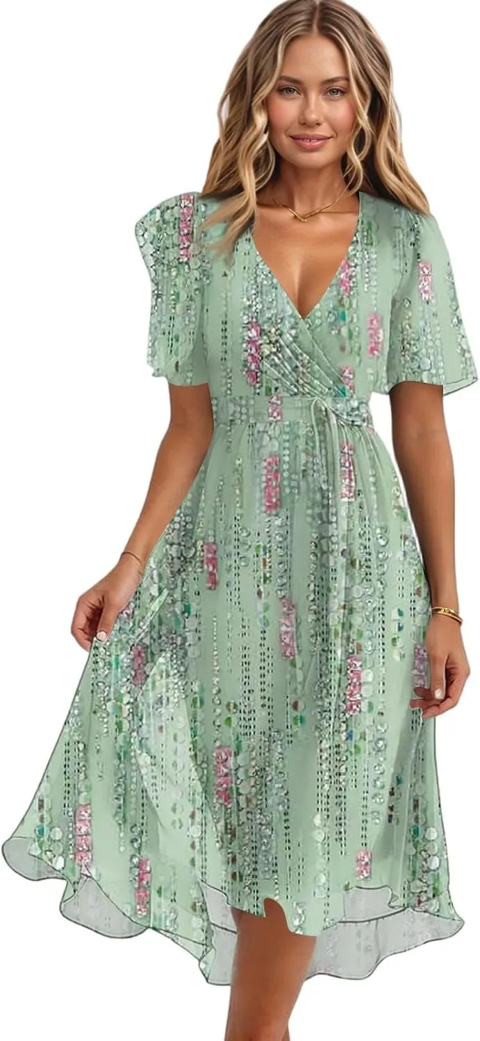 Womens Boho Floral Printed Chiffon Dresses 2025 Elegant V Neck Belted Summer A Line Sheath Drop Waist Midi Dress