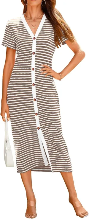 Womens Button Striped Dresses V Neck Short Sleeve Maxi Dress Casual Summer Fashion Ribbed Knit Party Dresses 2025