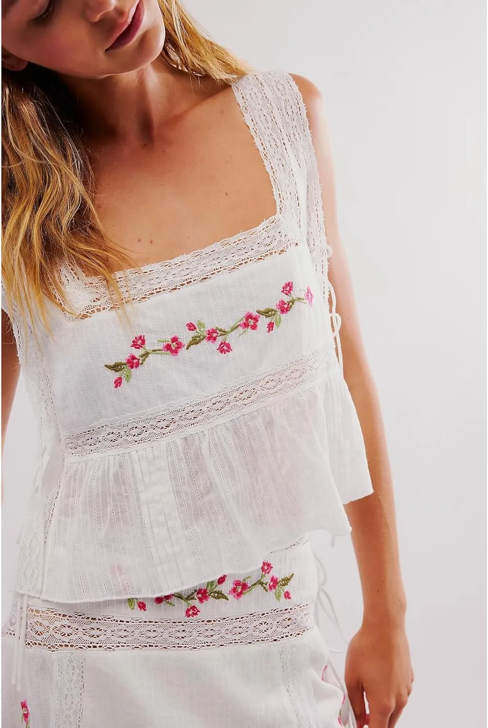 Women's Camisole Summer Tie Strap Tank Tops Y2k Solid Plaid Side Ties Sleeveless Tops Floral Embroidered Vest Top