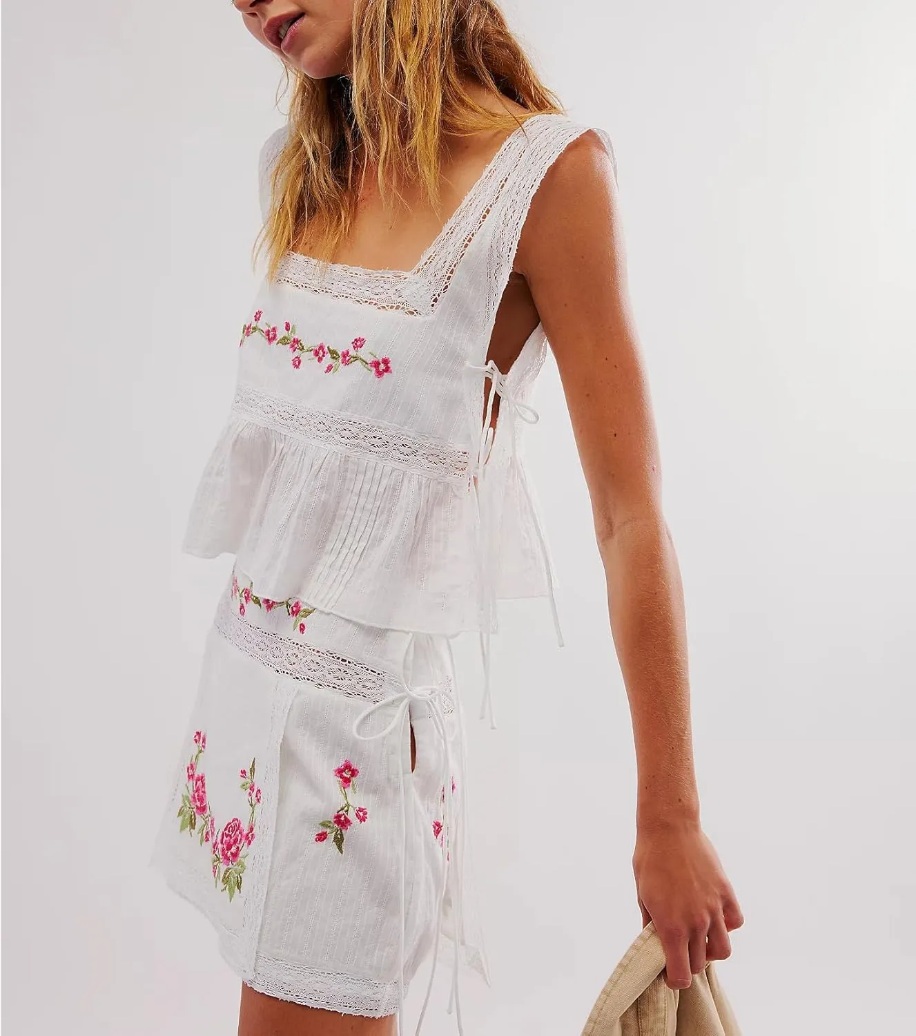 Women's Camisole Summer Tie Strap Tank Tops Y2k Solid Plaid Side Ties Sleeveless Tops Floral Embroidered Vest Top