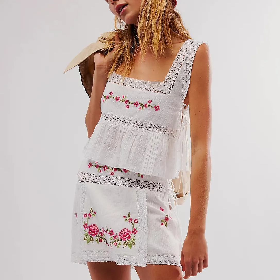 Women's Camisole Summer Tie Strap Tank Tops Y2k Solid Plaid Side Ties Sleeveless Tops Floral Embroidered Vest Top