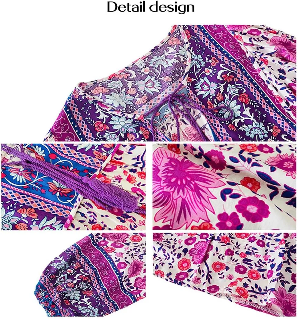 Women's Casual Floral Print V Neck Top Loose Boho Long Sleeve Beach Shirts Blouses