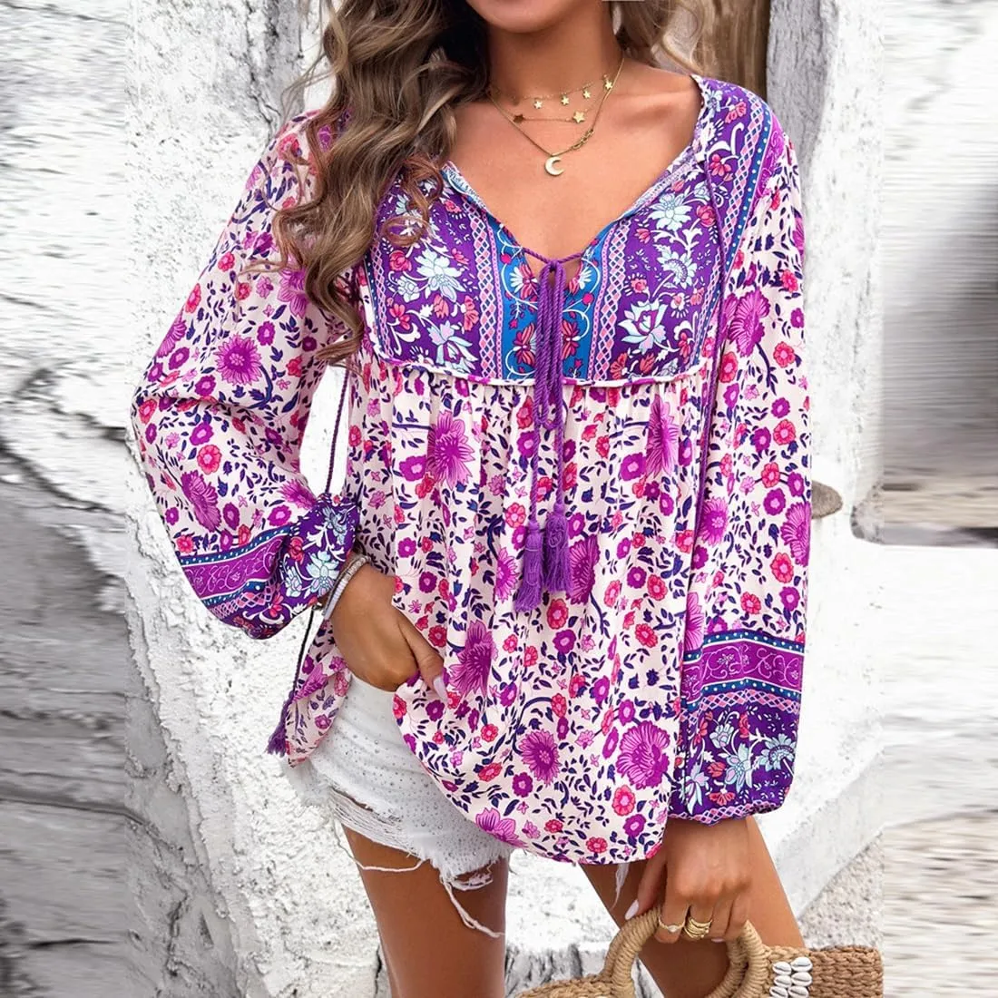 Women's Casual Floral Print V Neck Top Loose Boho Long Sleeve Beach Shirts Blouses