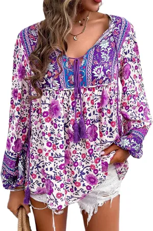 Women's Casual Floral Print V Neck Top Loose Boho Long Sleeve Beach Shirts Blouses