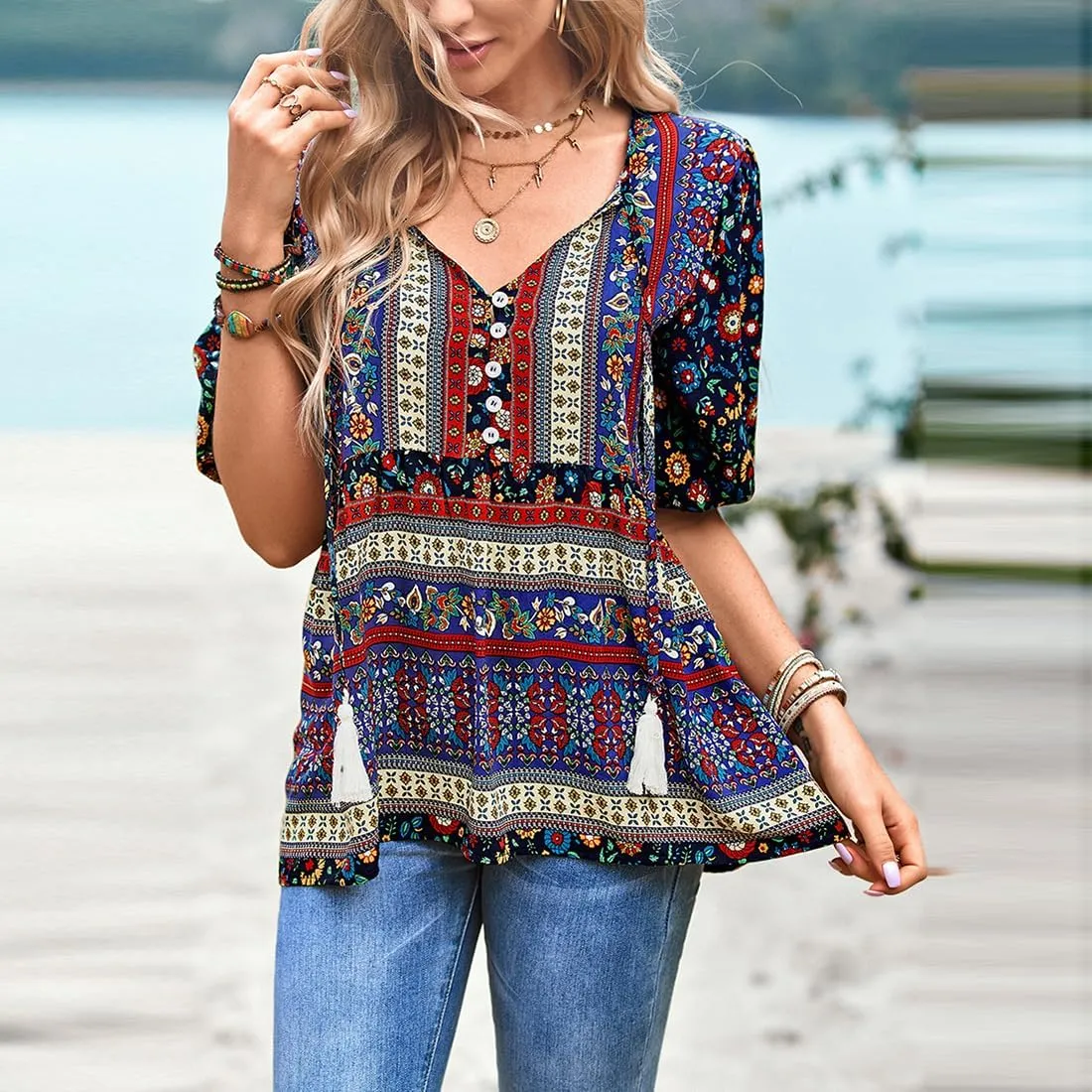 Women's Casual Floral Print V Neck Top Loose Boho Short Sleeve Beach Shirts Blouses