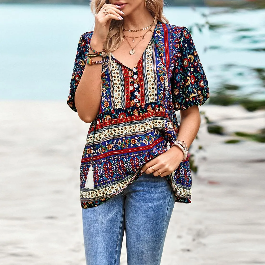 Women's Casual Floral Print V Neck Top Loose Boho Short Sleeve Beach Shirts Blouses
