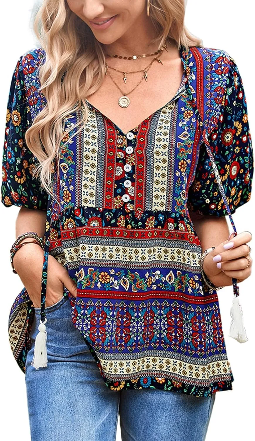 Women's Casual Floral Print V Neck Top Loose Boho Short Sleeve Beach Shirts Blouses