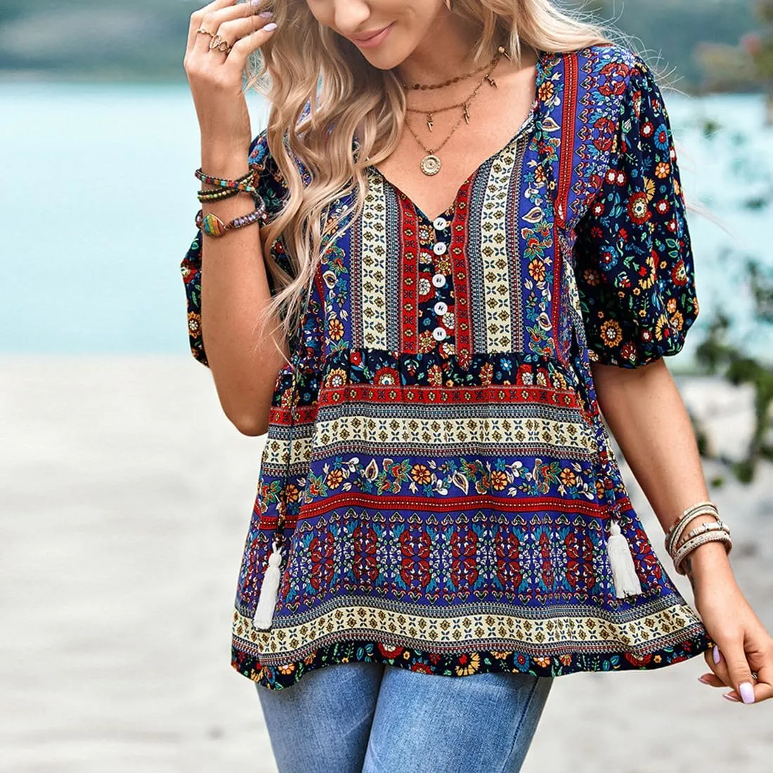 Women's Casual Floral Print V Neck Top Loose Boho Short Sleeve Beach Shirts Blouses