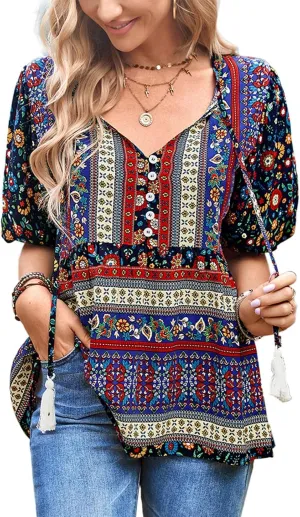 Women's Casual Floral Print V Neck Top Loose Boho Short Sleeve Beach Shirts Blouses
