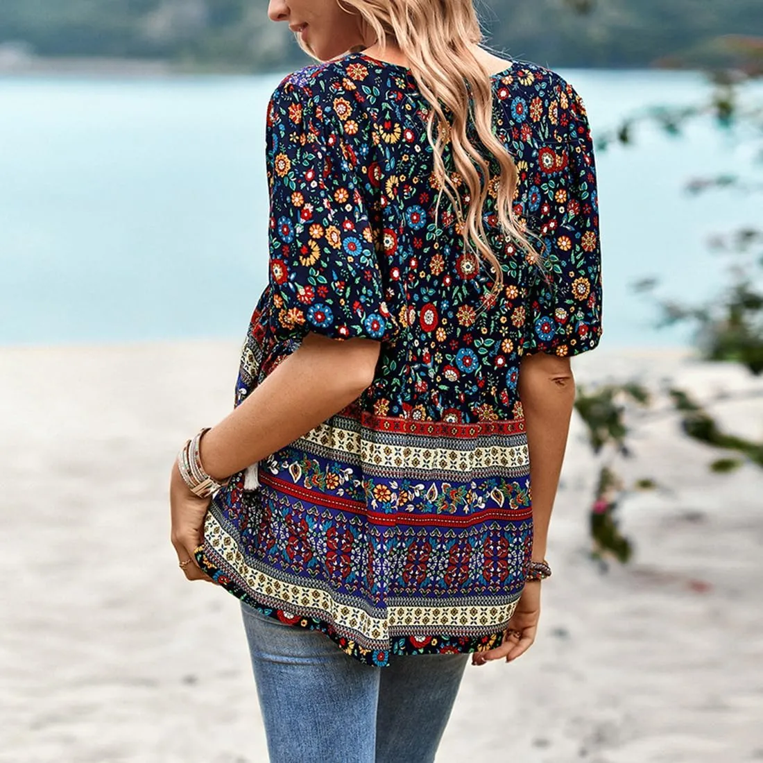 Women's Casual Floral Print V Neck Top Loose Boho Short Sleeve Beach Shirts Blouses