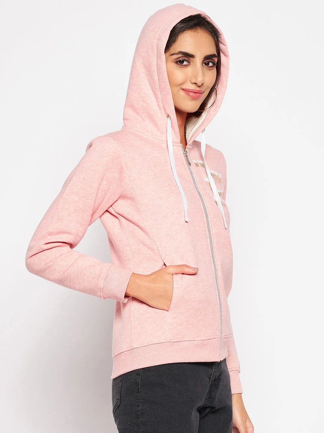 Women's Casual  Peach Regular Full Sleeve Zipthru  Sweatshirt