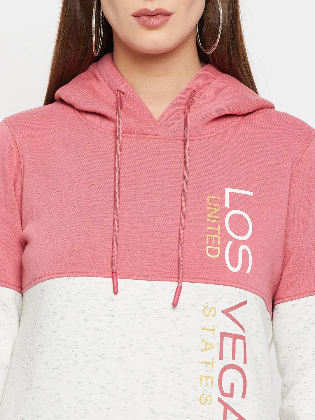 Women's Casual  Pink Regular Full Sleeve Color block Pullover Hoodie Sweatshirt