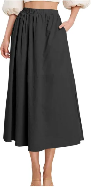Women's Casual Skirt Elastic High Waist Pleated Flowy A-Line Midi Skirts 2025 Summer Trendy Midi Skirt with Pockets