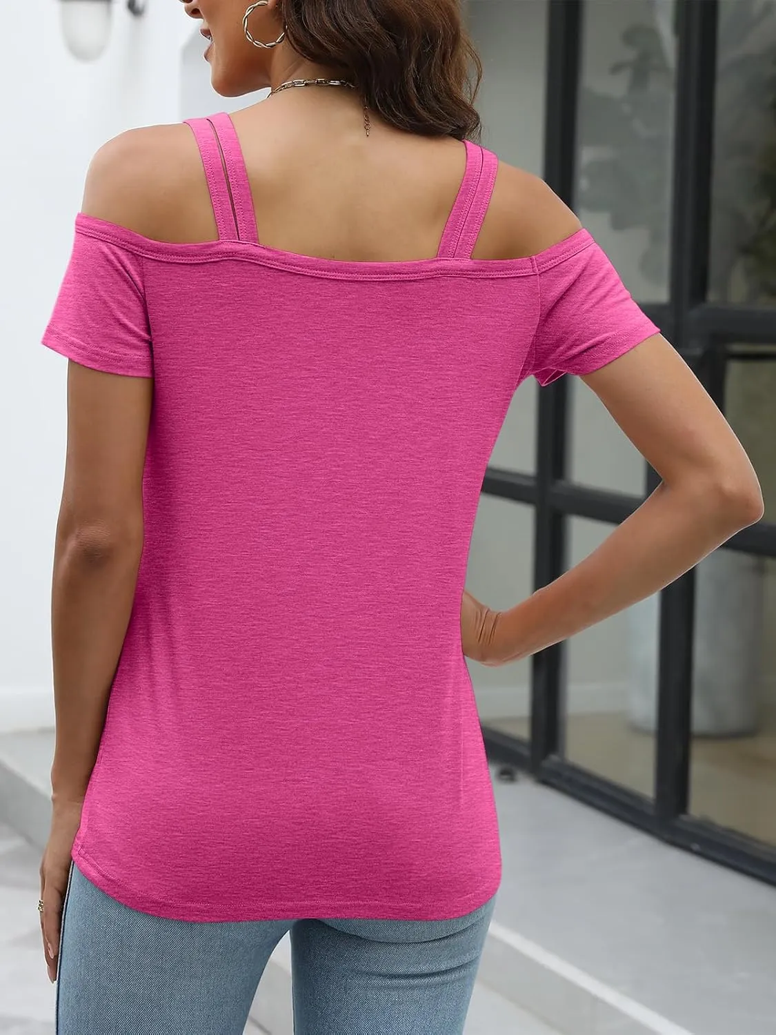 Womens Cold Shoulder Tops for Women Summer Sexy Cut Out Tops Short Sleeve Criss Cross Casual Shirts