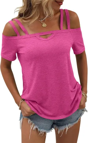Womens Cold Shoulder Tops for Women Summer Sexy Cut Out Tops Short Sleeve Criss Cross Casual Shirts