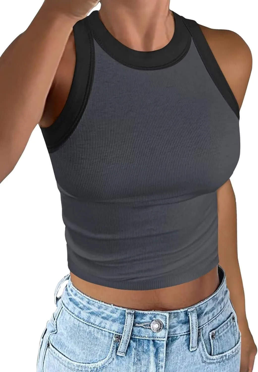 Women's Color Block Ribbed Crop Tank Top Summer Racerback Crewneck Sleeveless Slim Fit Crop Tops Shirts 2025