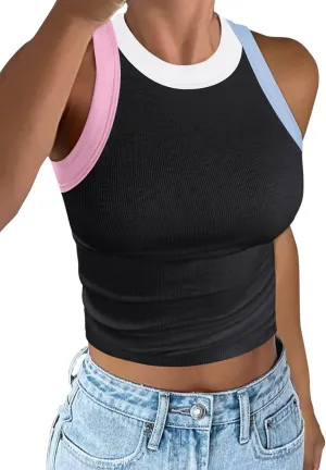 Women's Color Block Ribbed Crop Tank Top Summer Racerback Crewneck Sleeveless Slim Fit Crop Tops Shirts 2025