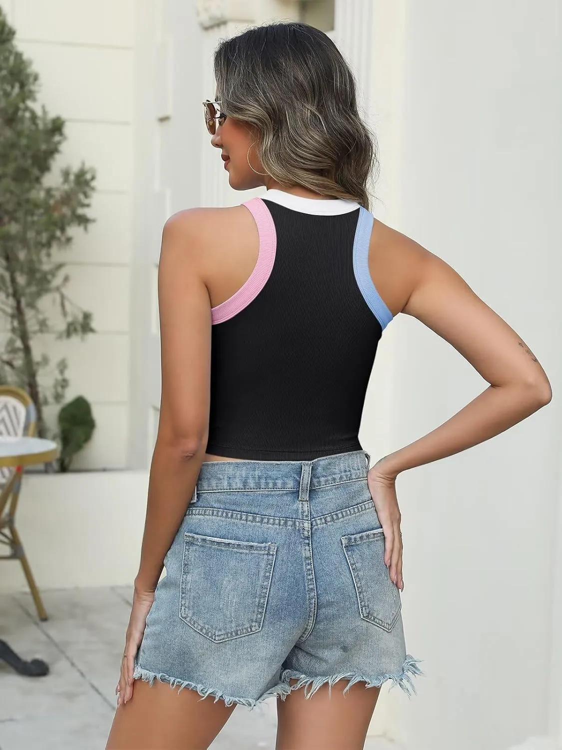 Women's Color Block Ribbed Crop Tank Top Summer Racerback Crewneck Sleeveless Slim Fit Crop Tops Shirts 2025