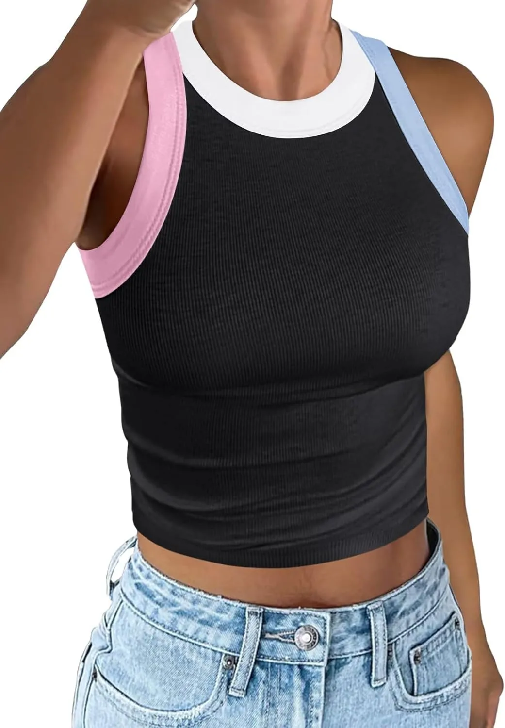 Women's Color Block Ribbed Crop Tank Top Summer Racerback Crewneck Sleeveless Slim Fit Crop Tops Shirts 2025