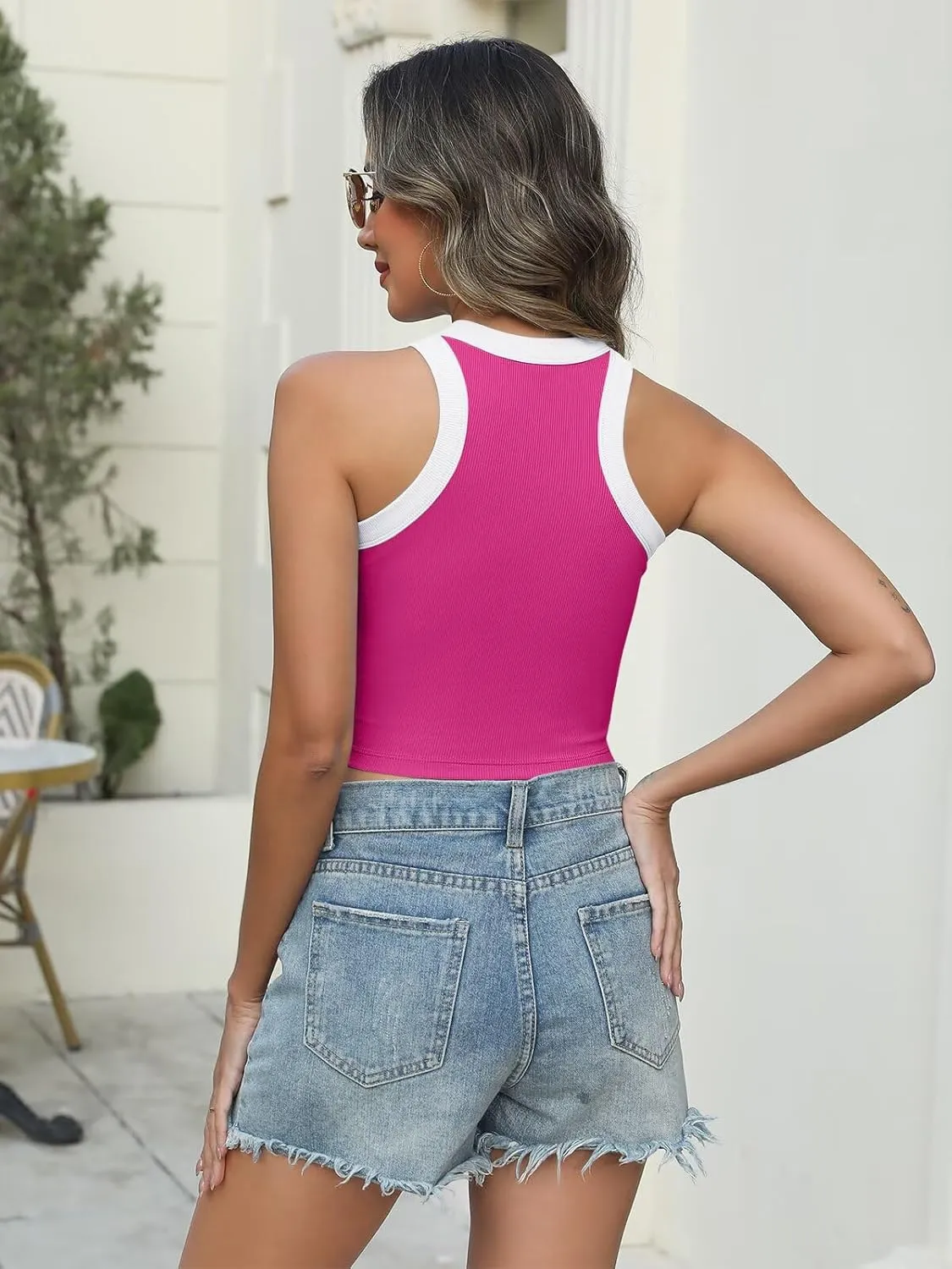 Women's Color Block Ribbed Crop Tank Top Summer Racerback Crewneck Sleeveless Slim Fit Crop Tops Shirts 2025