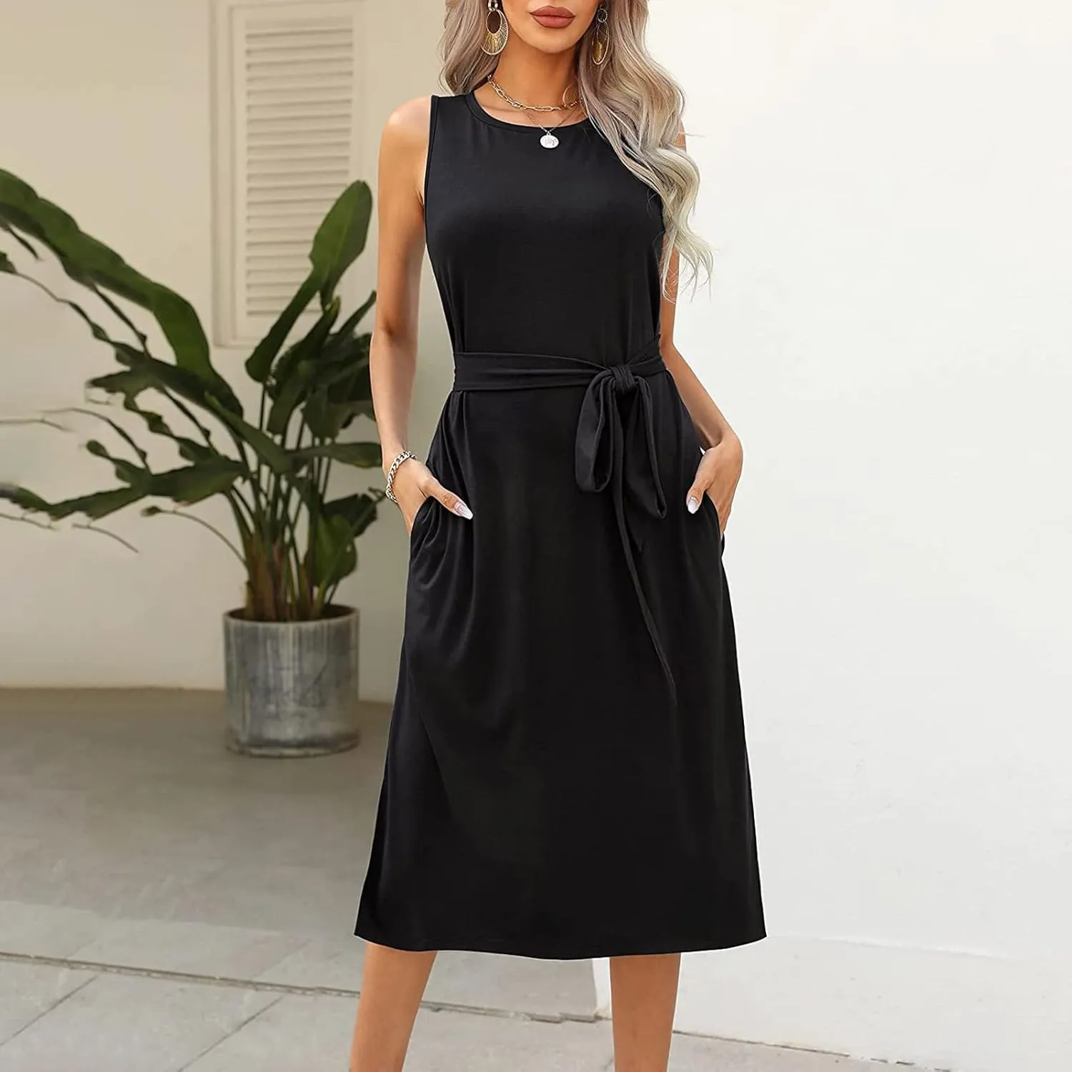 Womens Dress Sleeveless Round Neck Backless Midi Skirt Casual Pleated Belt with Pockets Dresses Working Vacation