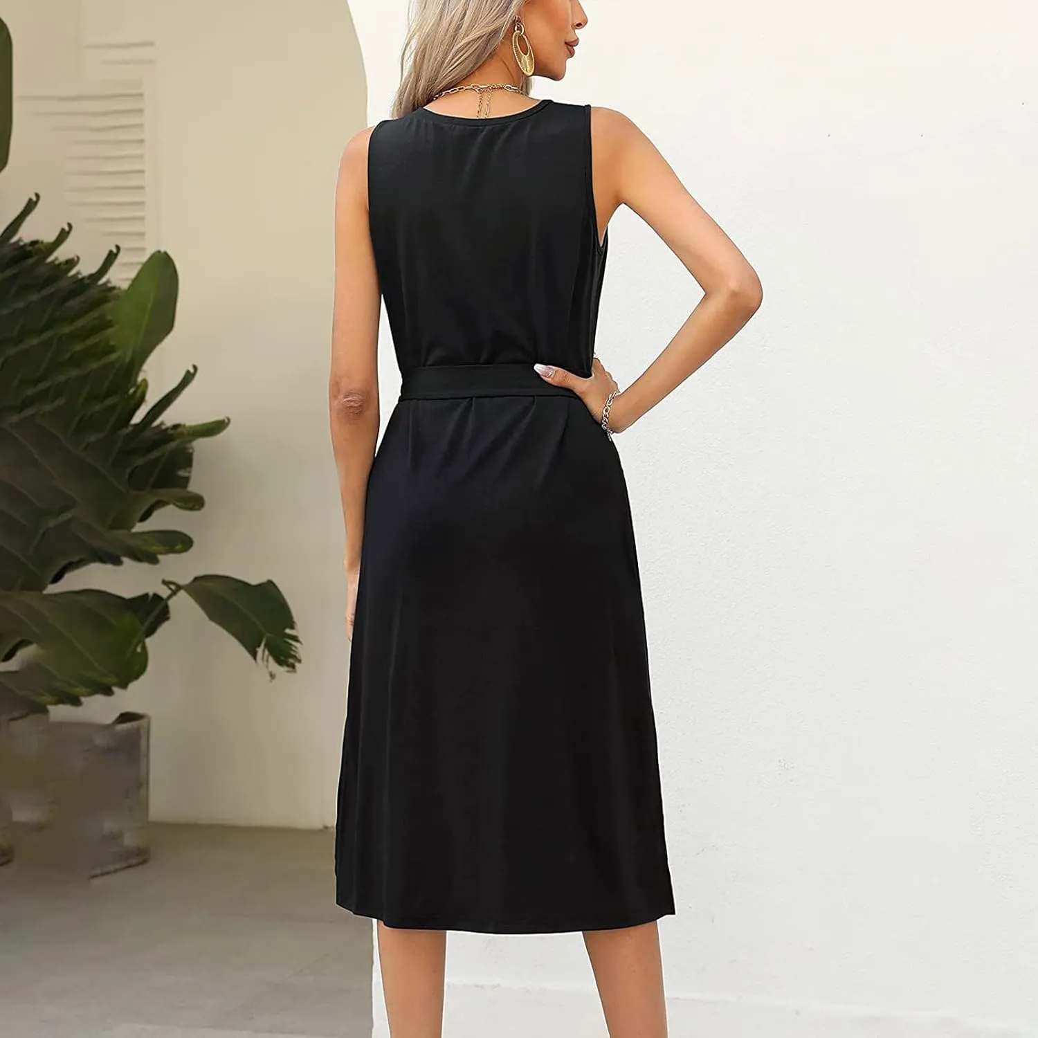 Womens Dress Sleeveless Round Neck Backless Midi Skirt Casual Pleated Belt with Pockets Dresses Working Vacation