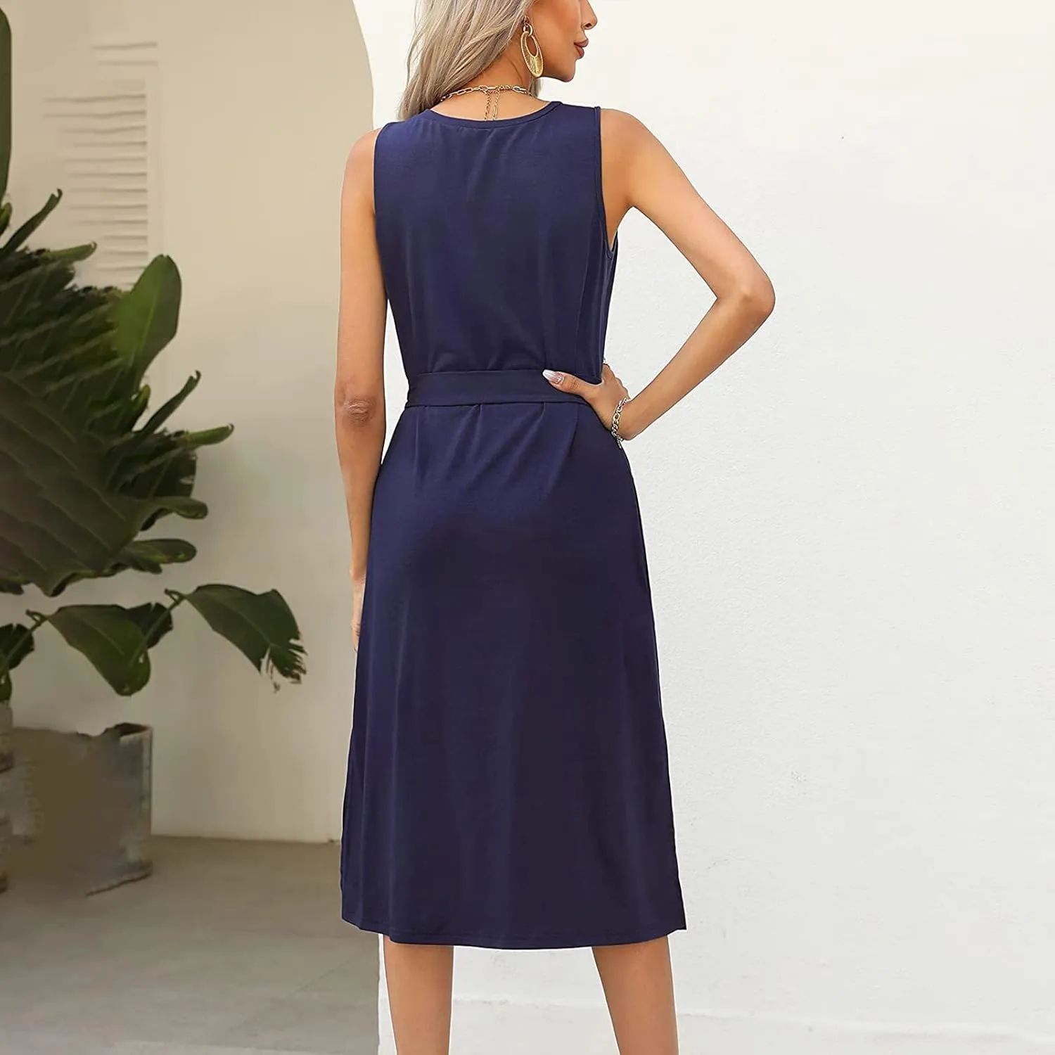 Womens Dress Sleeveless Round Neck Backless Midi Skirt Casual Pleated Belt with Pockets Dresses Working Vacation