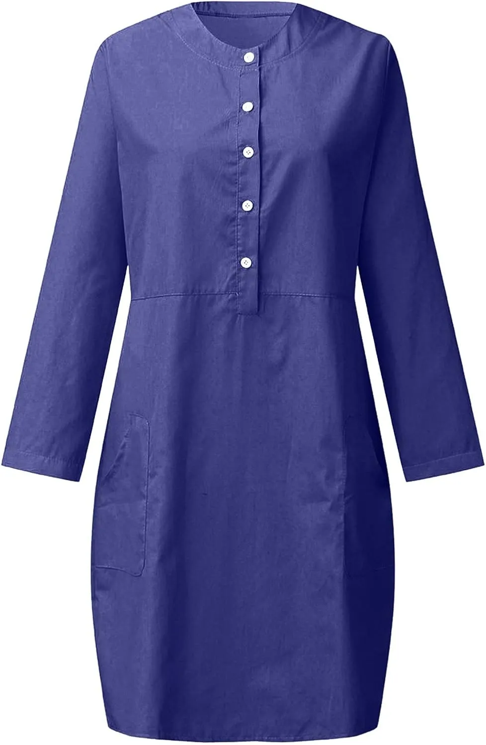 Womens Dresses Cotton Linen Long Sleeve Tshirt Dress Plus Size Knee Length Tunic Dress Button Fall Dress with Pocket