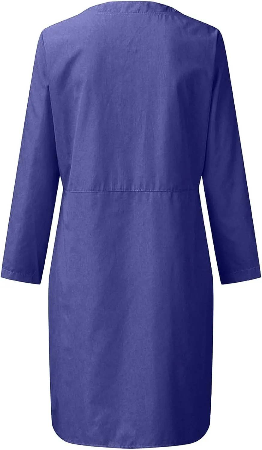 Womens Dresses Cotton Linen Long Sleeve Tshirt Dress Plus Size Knee Length Tunic Dress Button Fall Dress with Pocket