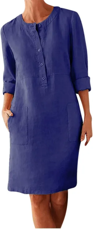 Womens Dresses Cotton Linen Long Sleeve Tshirt Dress Plus Size Knee Length Tunic Dress Button Fall Dress with Pocket