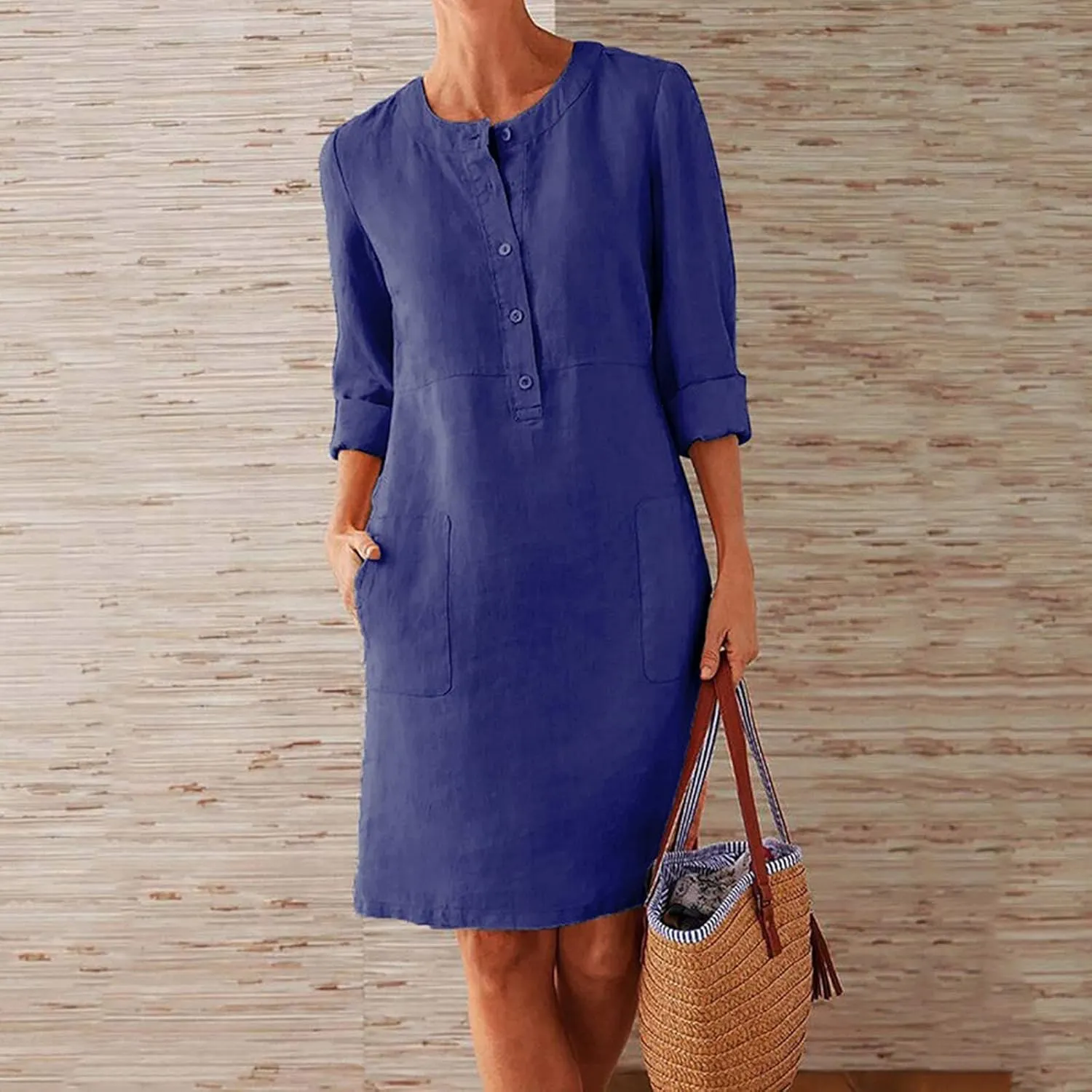 Womens Dresses Cotton Linen Long Sleeve Tshirt Dress Plus Size Knee Length Tunic Dress Button Fall Dress with Pocket