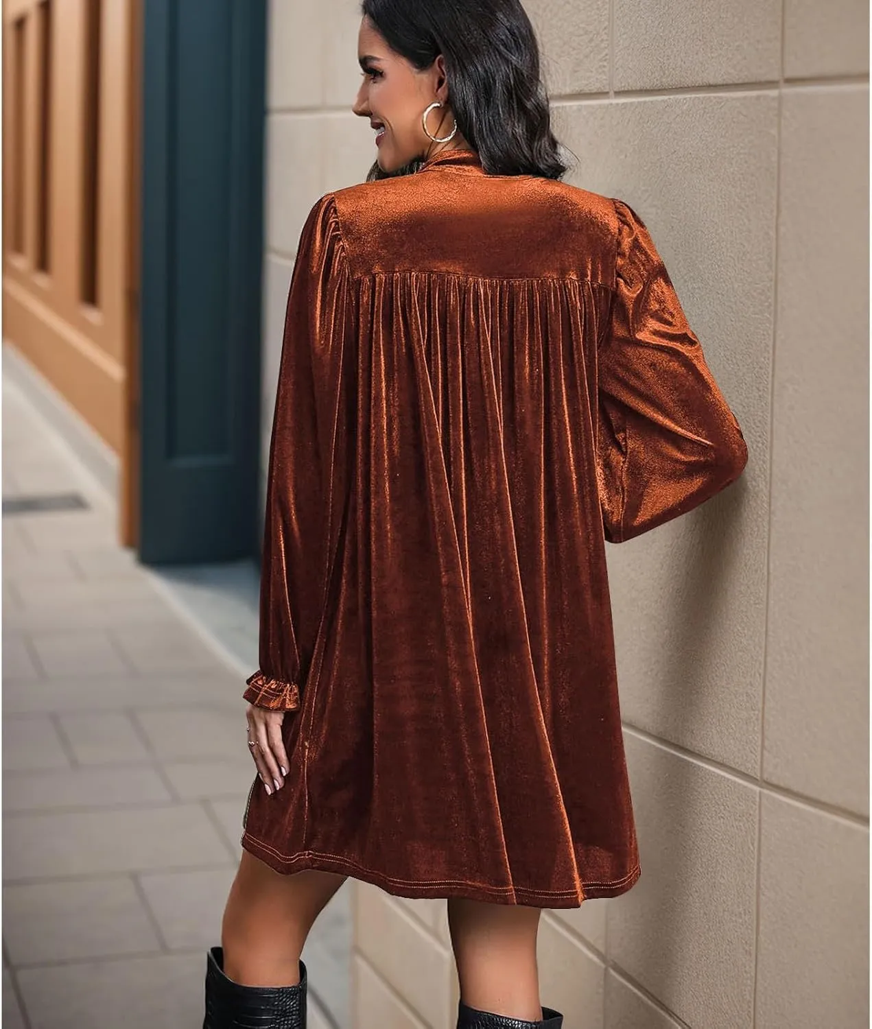 Women's Dresses Velvet Deep V-Neck Long Sleeve Ruffle Mini Swing Sexy Cocktail Shift Dress
