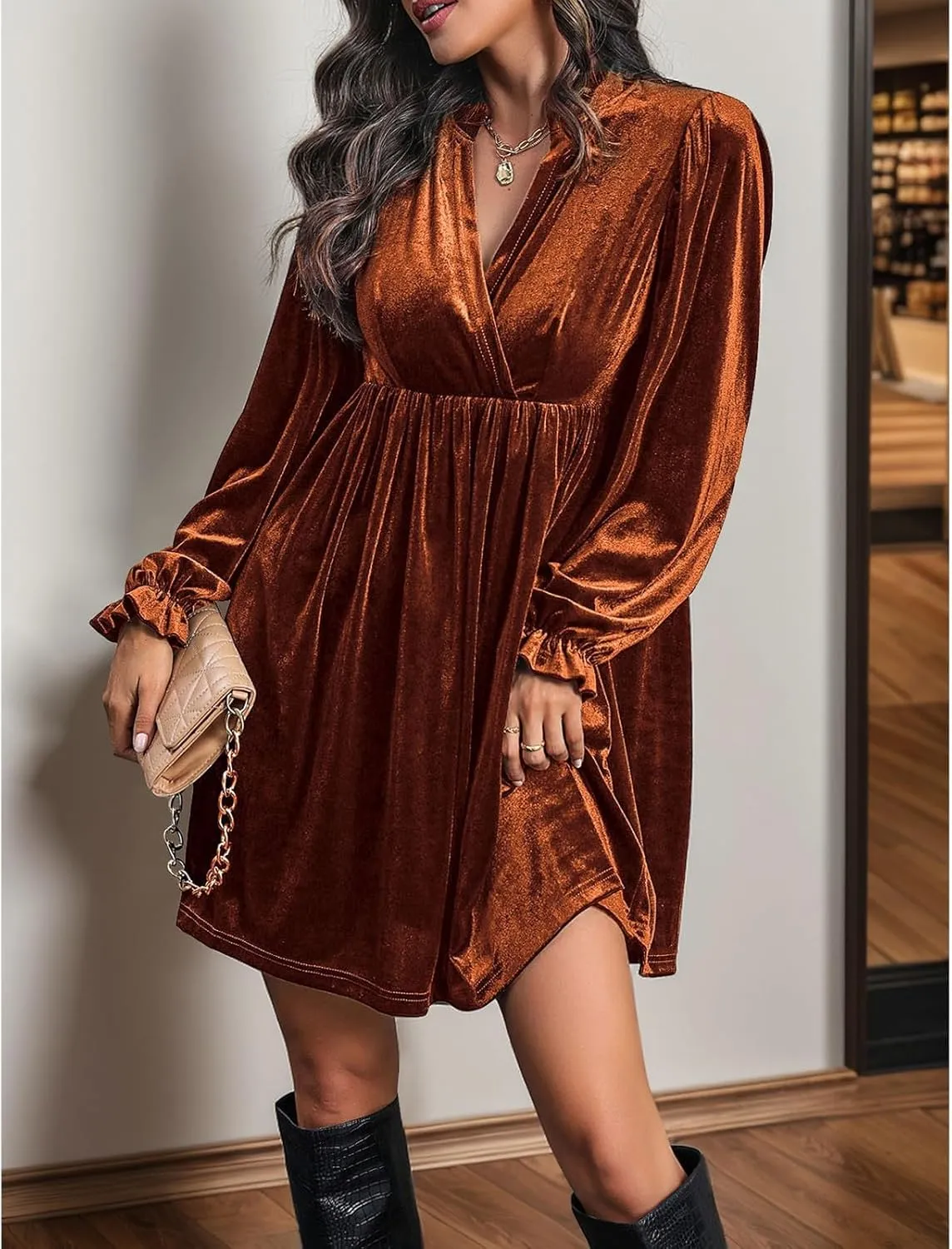 Women's Dresses Velvet Deep V-Neck Long Sleeve Ruffle Mini Swing Sexy Cocktail Shift Dress