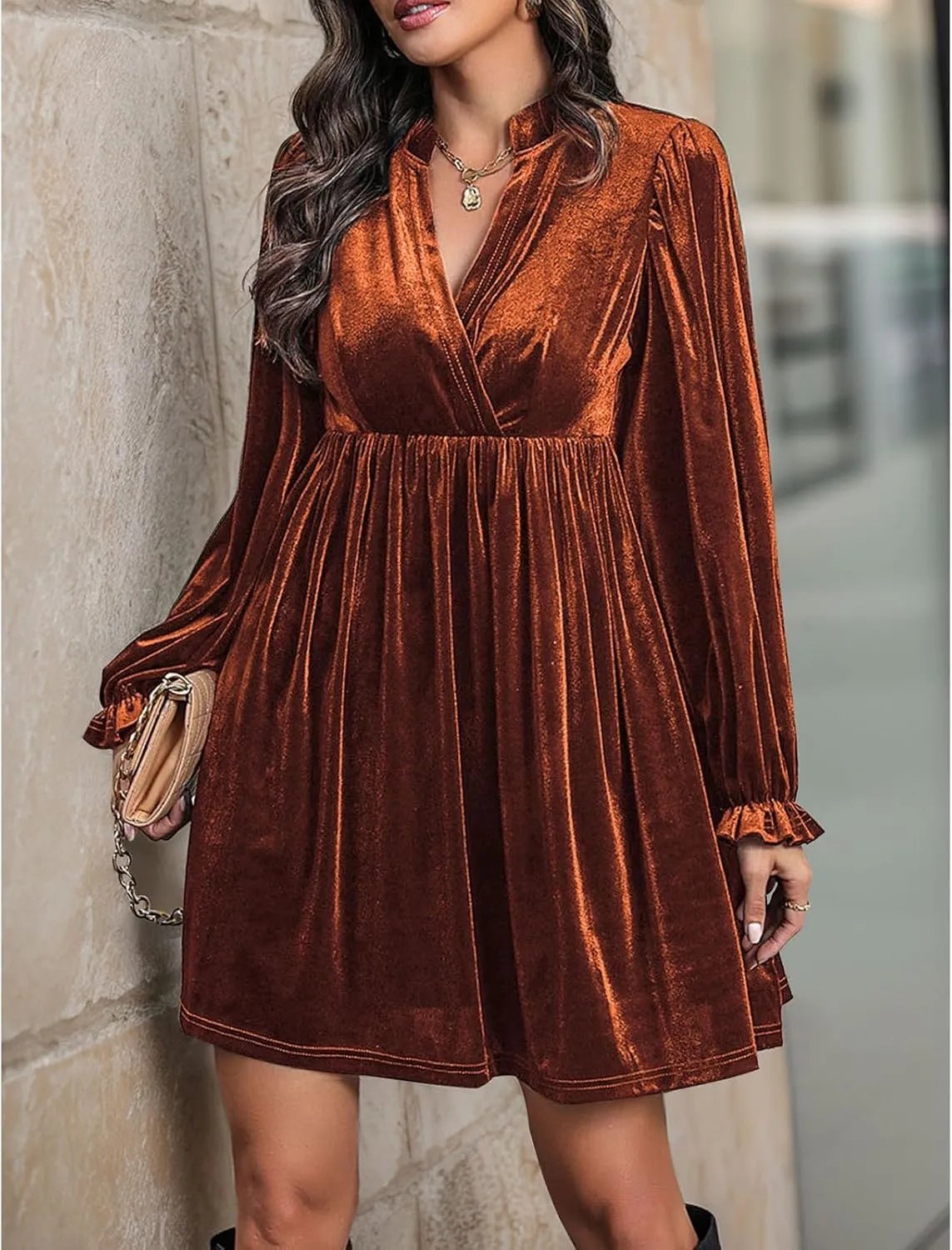Women's Dresses Velvet Deep V-Neck Long Sleeve Ruffle Mini Swing Sexy Cocktail Shift Dress