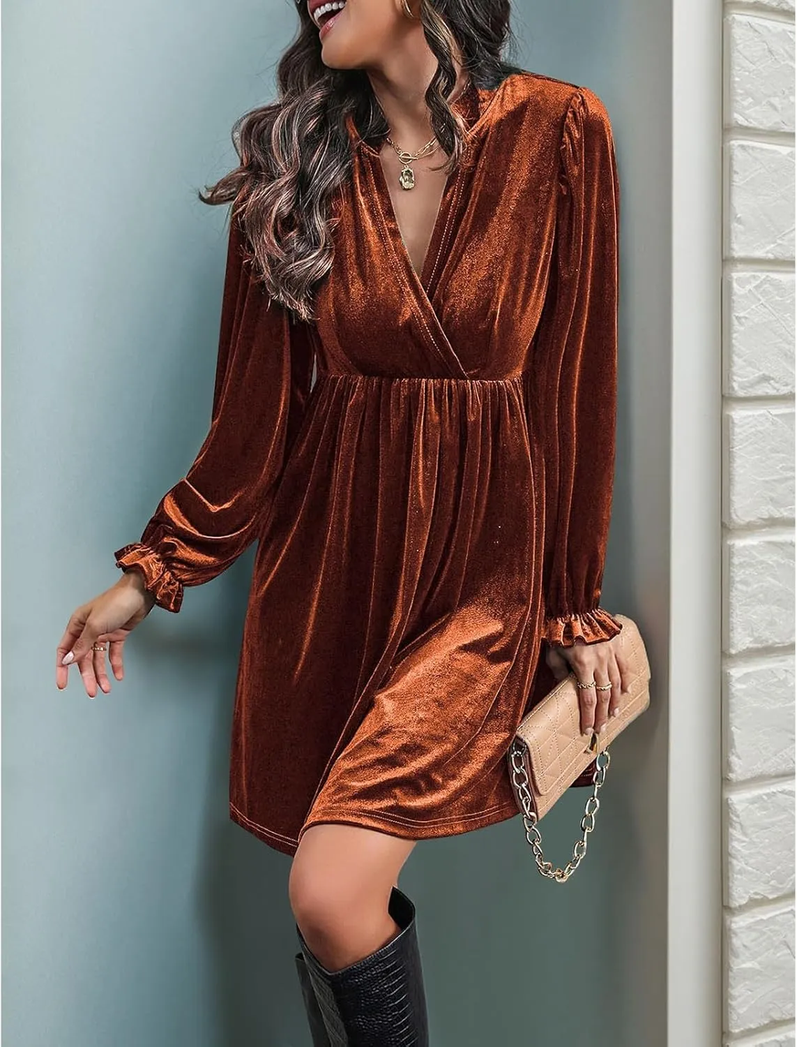 Women's Dresses Velvet Deep V-Neck Long Sleeve Ruffle Mini Swing Sexy Cocktail Shift Dress