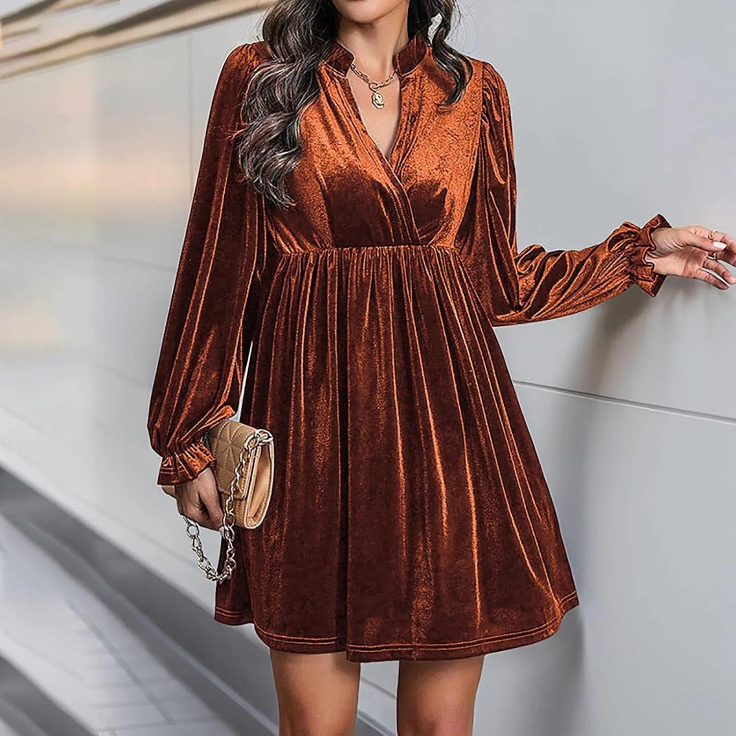 Women's Dresses Velvet Deep V-Neck Long Sleeve Ruffle Mini Swing Sexy Cocktail Shift Dress