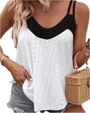 Women's Fashion Camisole Eyelet Embroidery Sleeveless Loose Summer Casual Top White Plus Black 4XL