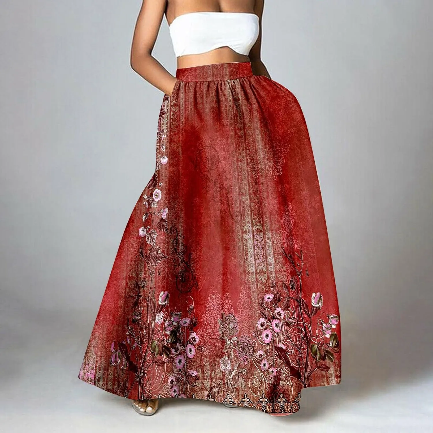 Womens Floral Print Boho Maxi Skirt Elastic High Waisted Tiered Ruffle Flowy Long Summer Beach Skirt with Pockets