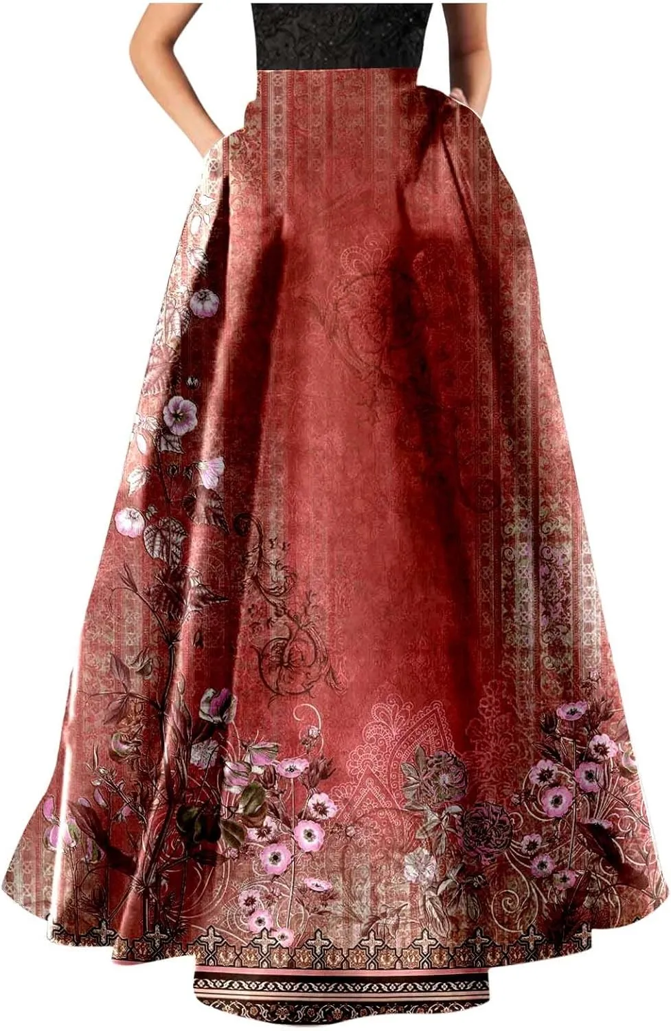 Womens Floral Print Boho Maxi Skirt Elastic High Waisted Tiered Ruffle Flowy Long Summer Beach Skirt with Pockets