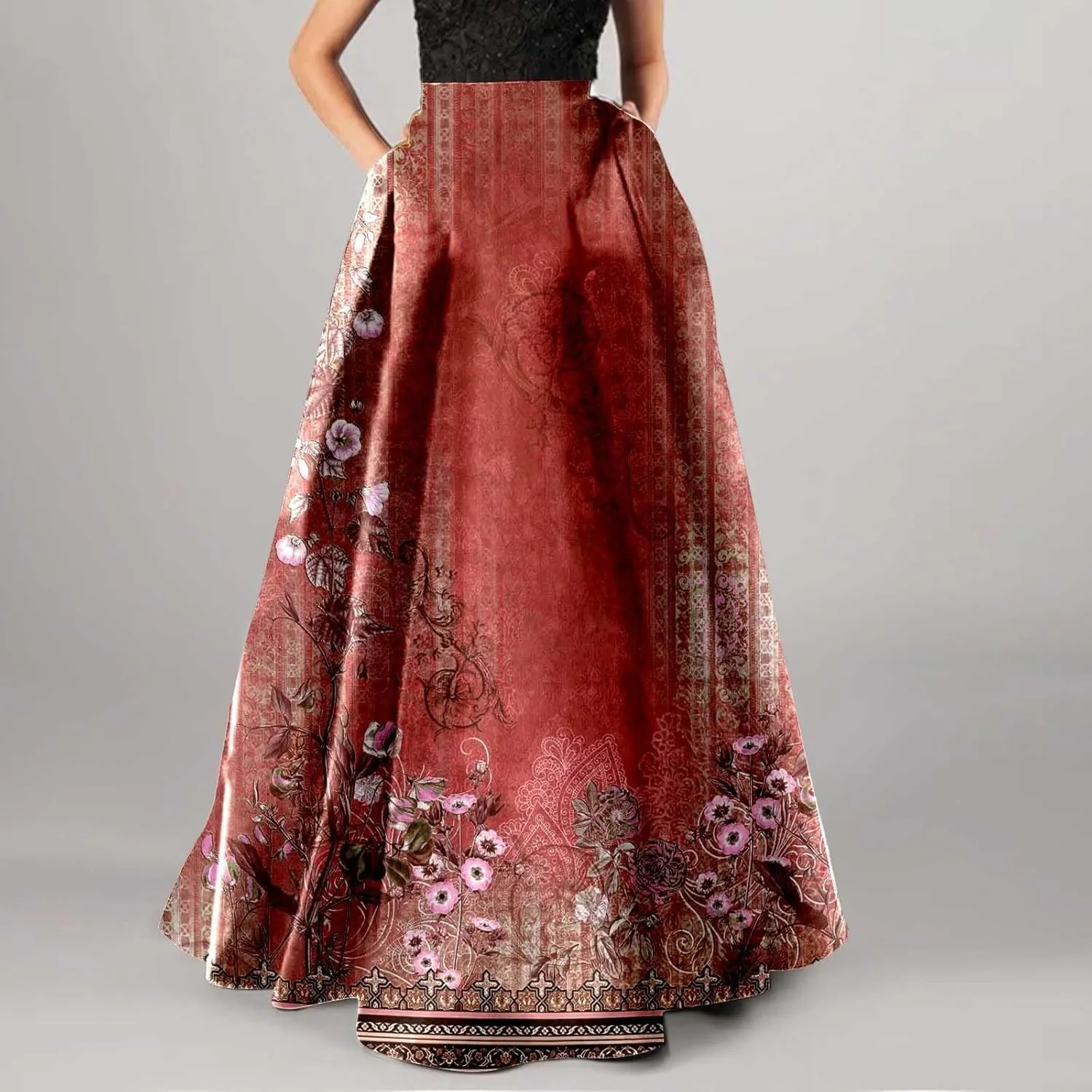 Womens Floral Print Boho Maxi Skirt Elastic High Waisted Tiered Ruffle Flowy Long Summer Beach Skirt with Pockets