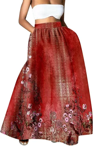 Womens Floral Print Boho Maxi Skirt Elastic High Waisted Tiered Ruffle Flowy Long Summer Beach Skirt with Pockets