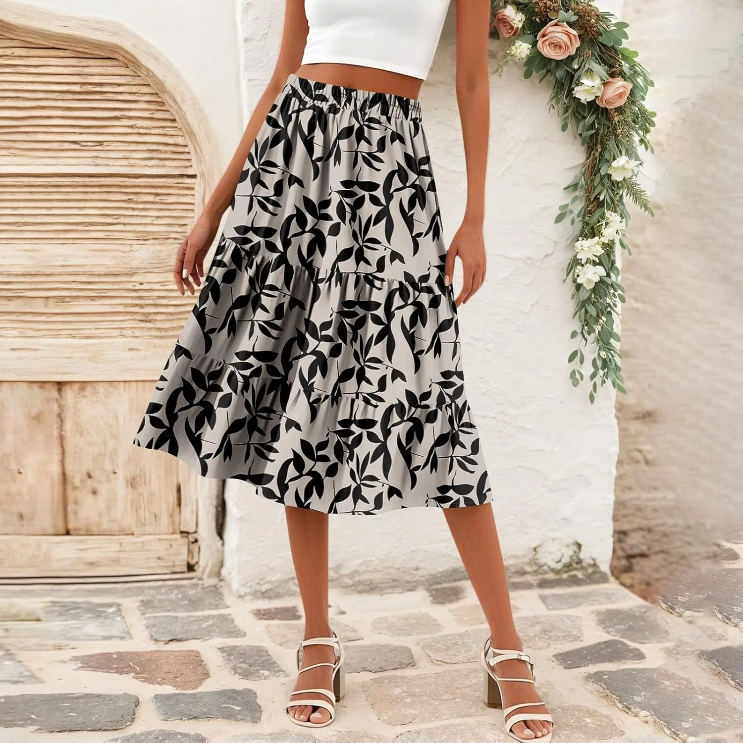 Womens Floral Print Midi Skirts 2025 Summer Casual Aline Elastic High Waisted Pleated Flowy Long Skirt with Pockets