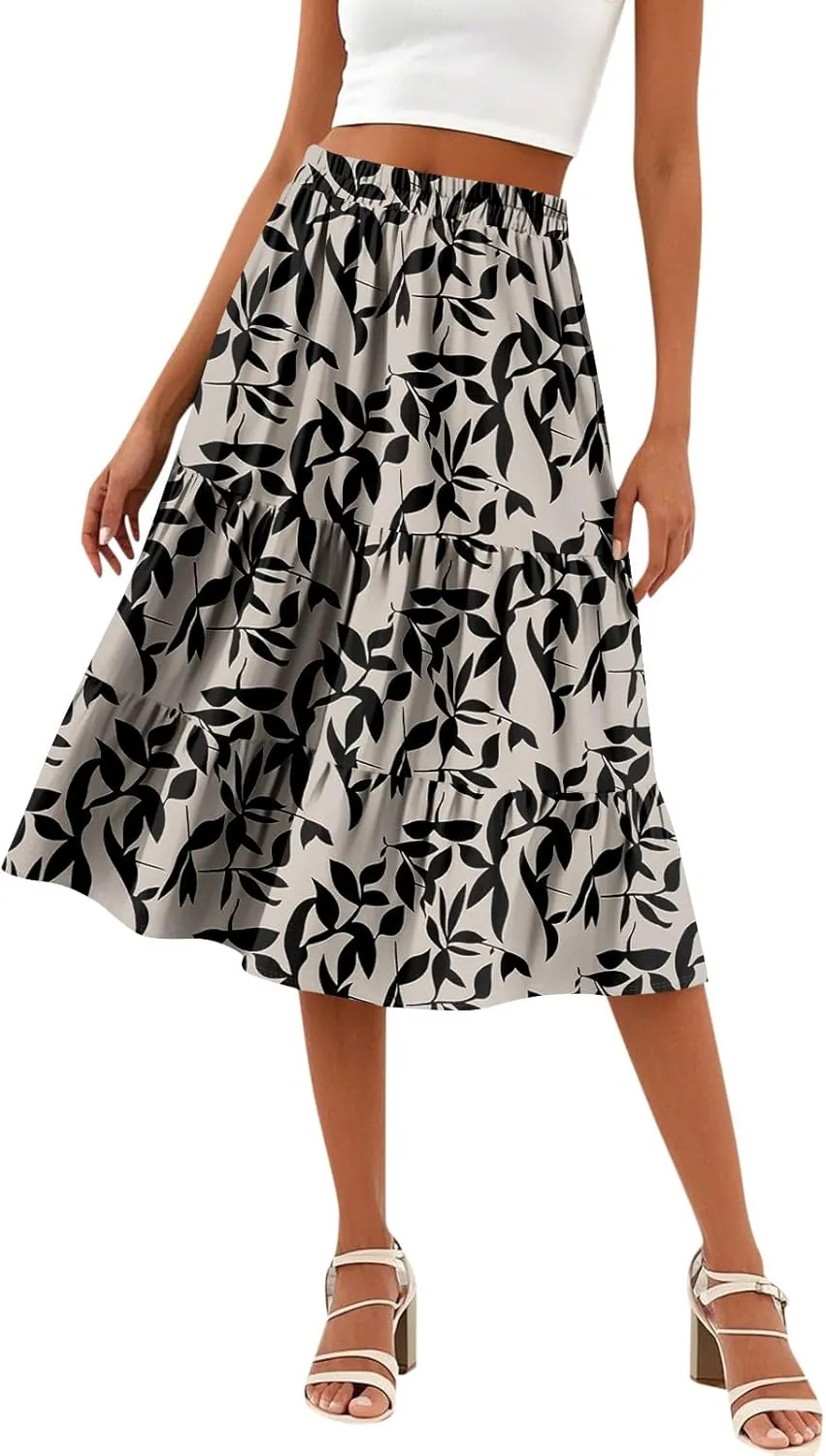 Womens Floral Print Midi Skirts 2025 Summer Casual Aline Elastic High Waisted Pleated Flowy Long Skirt with Pockets